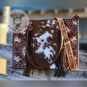 Genuine Cowhide And Handtooled Leather Western Tote